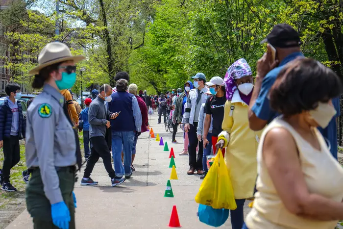 New Yorkers lined up for a mask giveaway near Prospect Park
